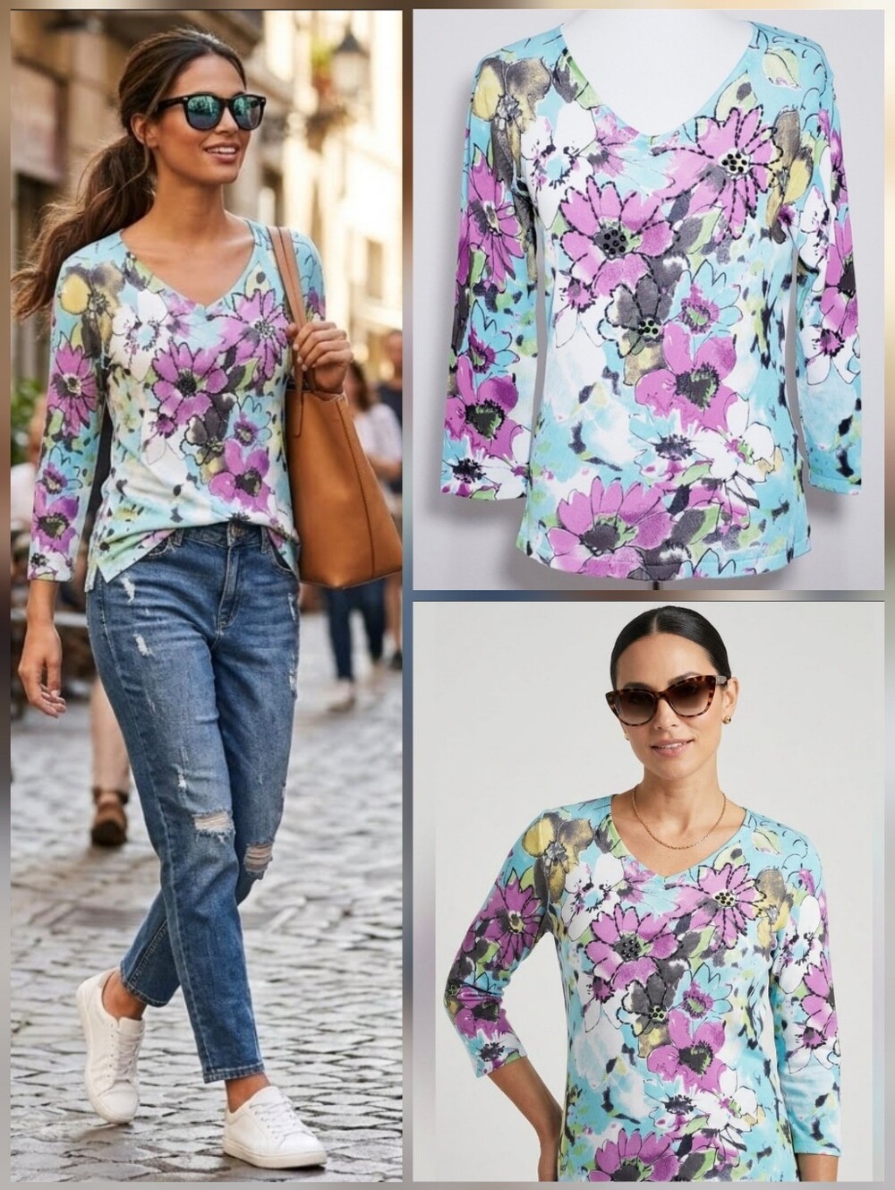 💙PIERRI NY light floral 3/4 sleeve sweater 🤍MEDIUM